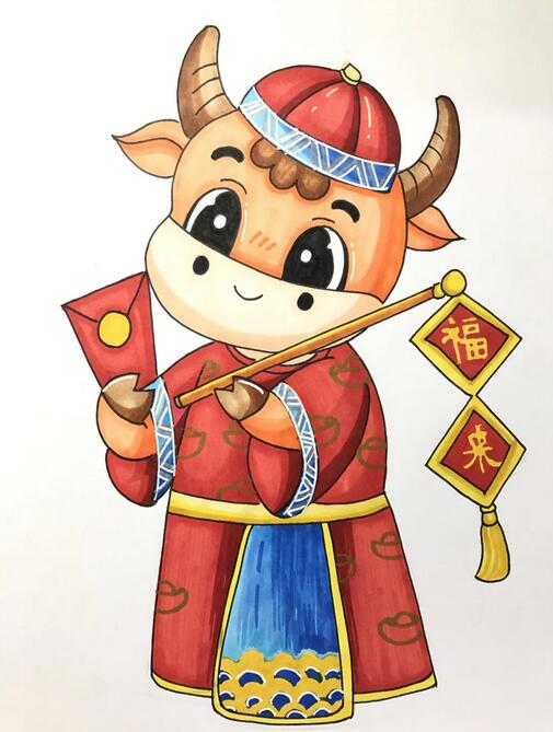 2021牛年马克笔新年创意儿童画《福来到》