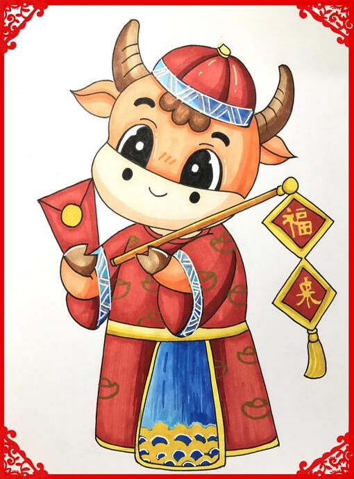 2021牛年马克笔新年创意儿童画《福来到》