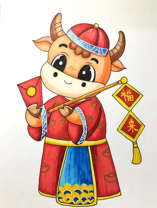 2021牛年马克笔新年创意儿童画《福来到》