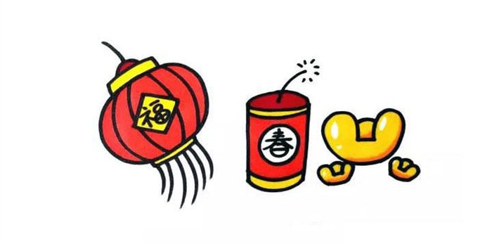 元宵节简笔画素材:灯笼、鞭炮、金元宝